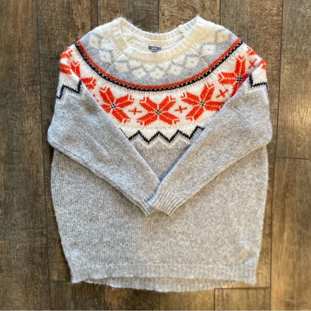 aerie fuzzy fair isle knit sweater in grey, white & red